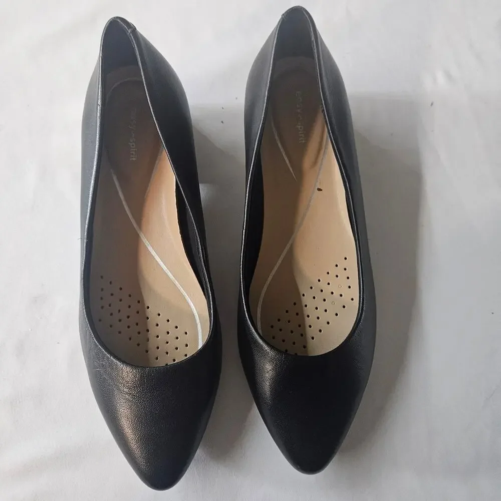 Easy Spirit Caldese leather pumps in black, 1 inch block heel, leather upper.